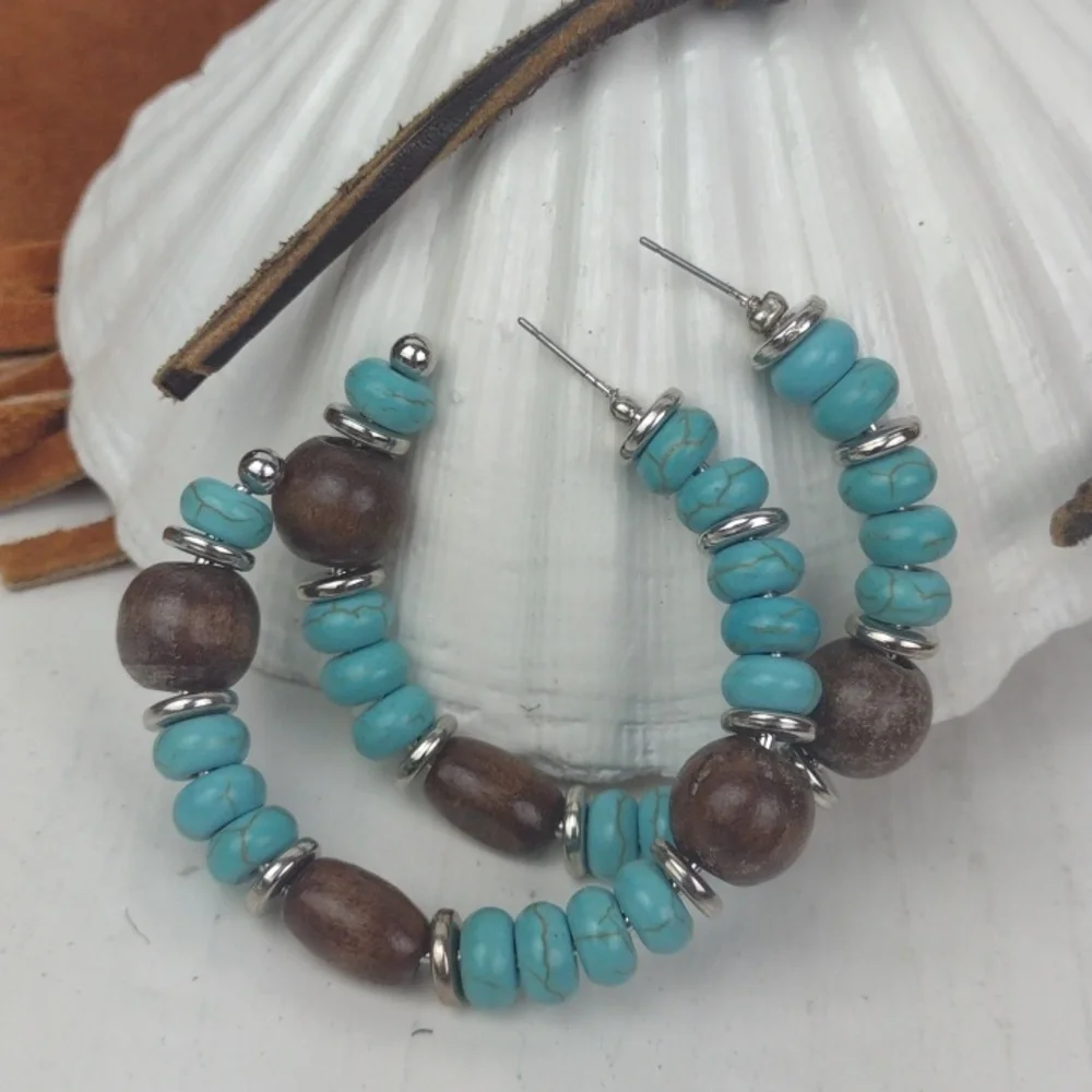 Turquoise Dark Wood & Silver Tone:Beaded Gorgeous Boho Hoop Earrings